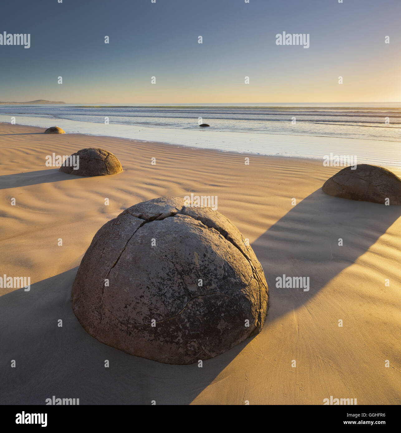 Moeraki Boulders in der Morgen Licht, Otago, Südinsel, Neuseeland Stockfoto