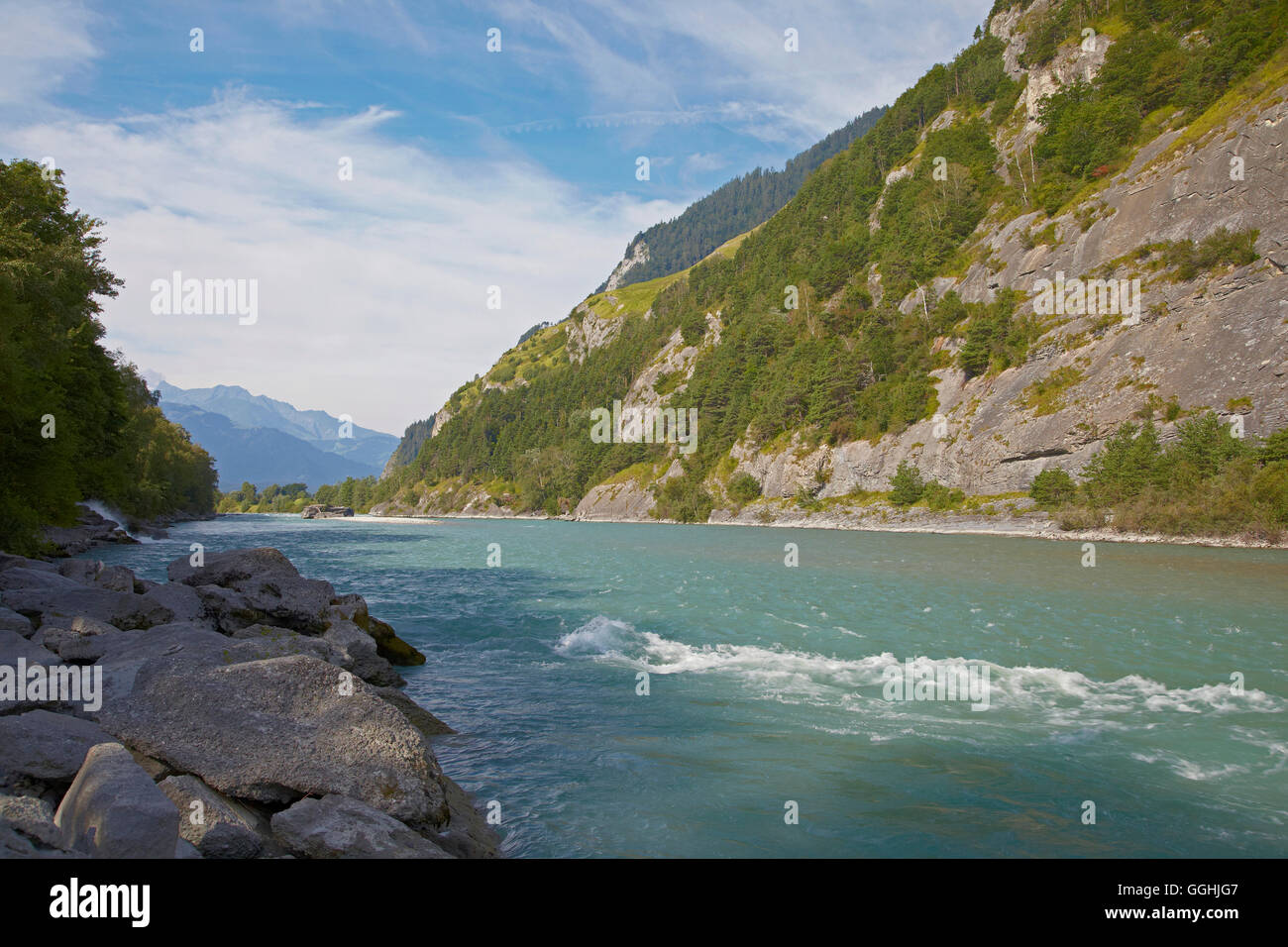 Rhein in der Nähe von Chur, Alpenrhein, Rhein, Kanton Graubünden, Schweiz, Europa Stockfoto