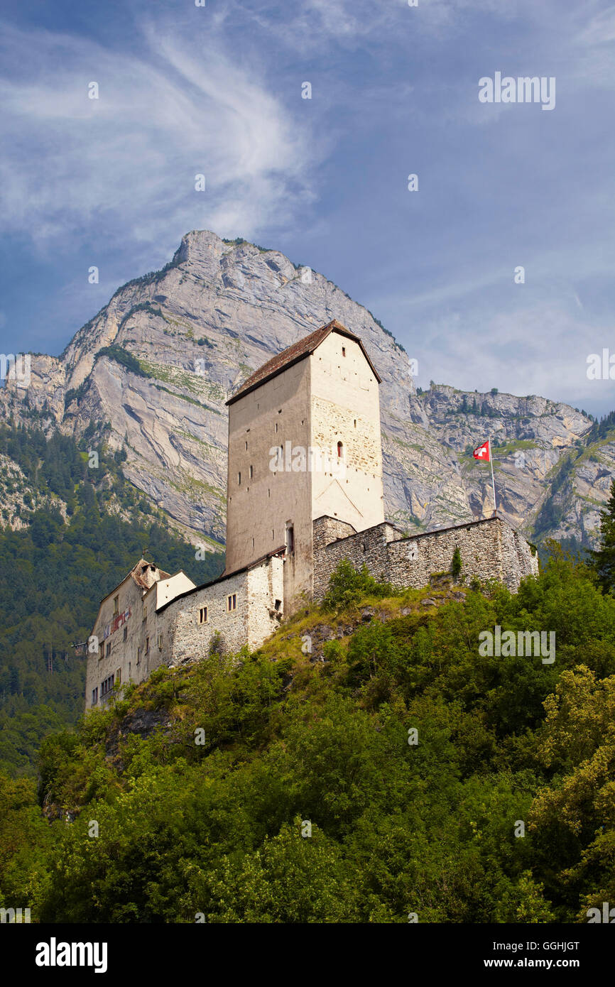 Blick auf Schloss Sargans, Sargans, Alpenrhein, Rhein, Schweiz, Europa Stockfoto