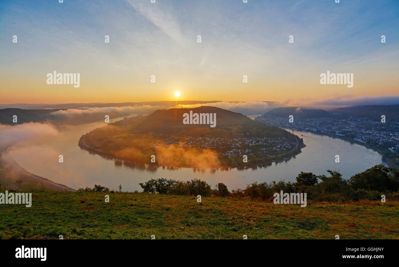 Blick vom Gedeonseck an der Schleife des Rheins bei Sunrise, Mittelrhein, Mittelrhein, Boppard, Rheinland - Pfalz, Stockfoto