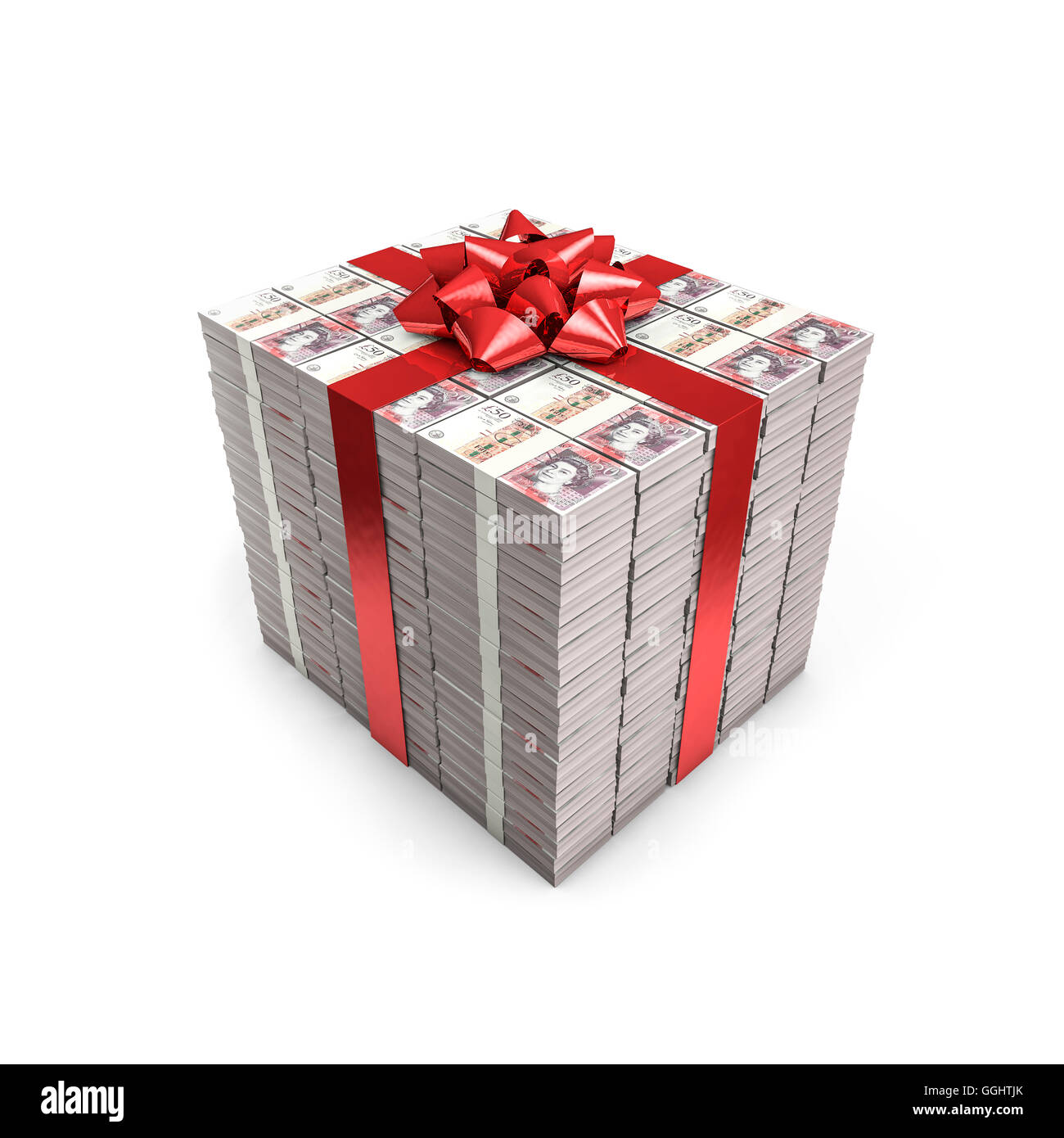 Geld Geschenk Pfund / 3D Darstellung der Stapel von fünfzig Pfund-Noten mit Band gebunden Stockfoto
