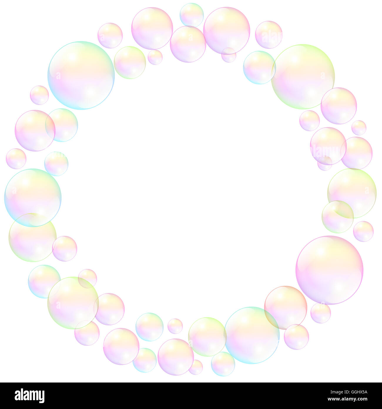 Seifenblasen, kreisförmigen Rahmen, realistische dreidimensionale Darstellung. Stockfoto
