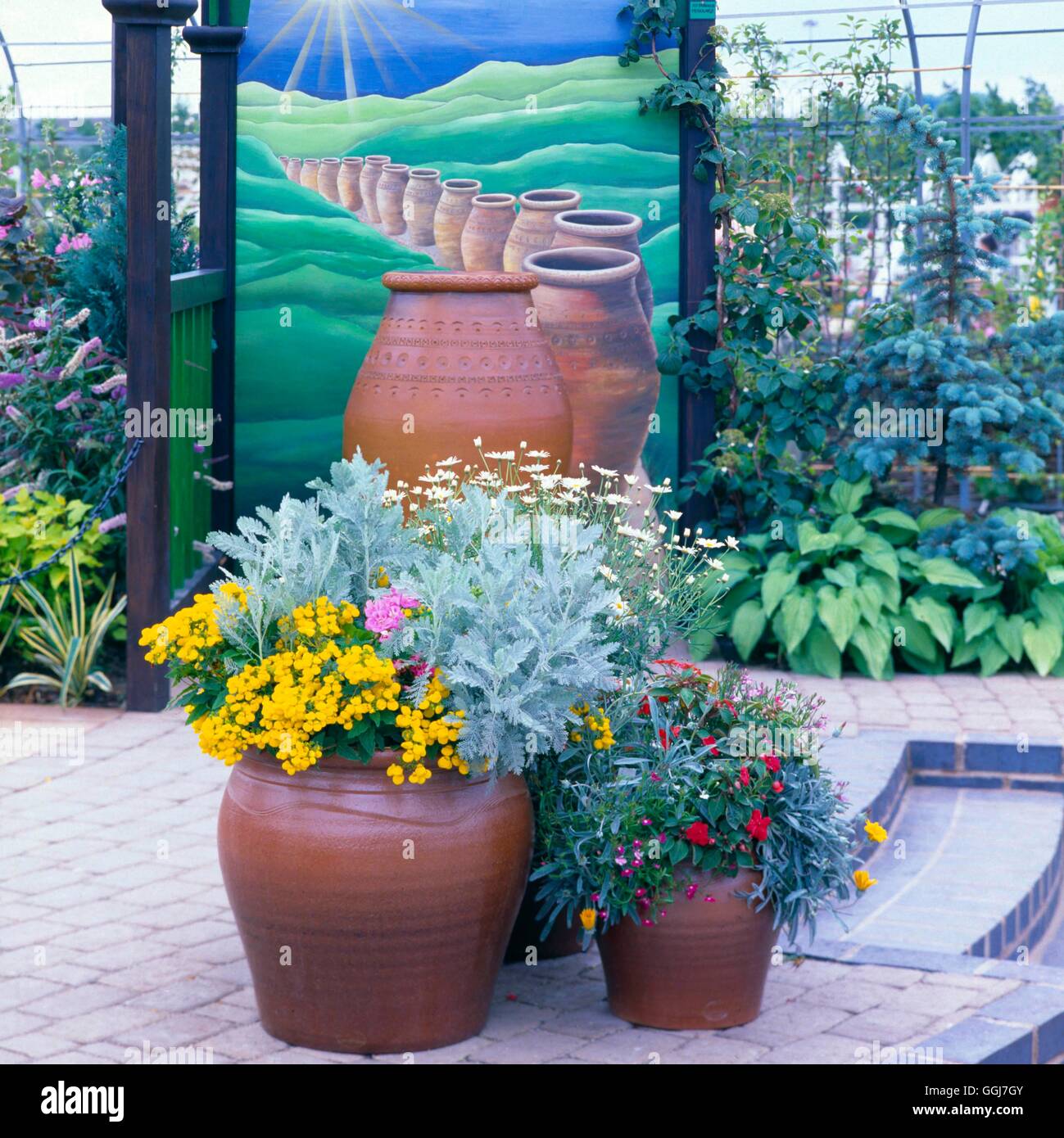 Container - Jahrbücher - bepflanzt mit Senecio Calceolaria Argyranthemum Impatiens und Gazanien CTR016608 obligatorisch Stockfoto