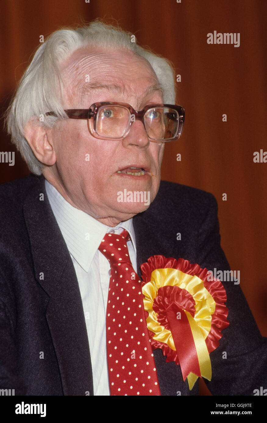 Michael Foot ehemaliger Labour-Premierminister, Bundestagswahlversammlung Birmingham 1982 Slogan "HOLE BRUM ZURÜCK AN DIE ARBEIT" 1980er Jahre 1982 HOMER SYKES Stockfoto