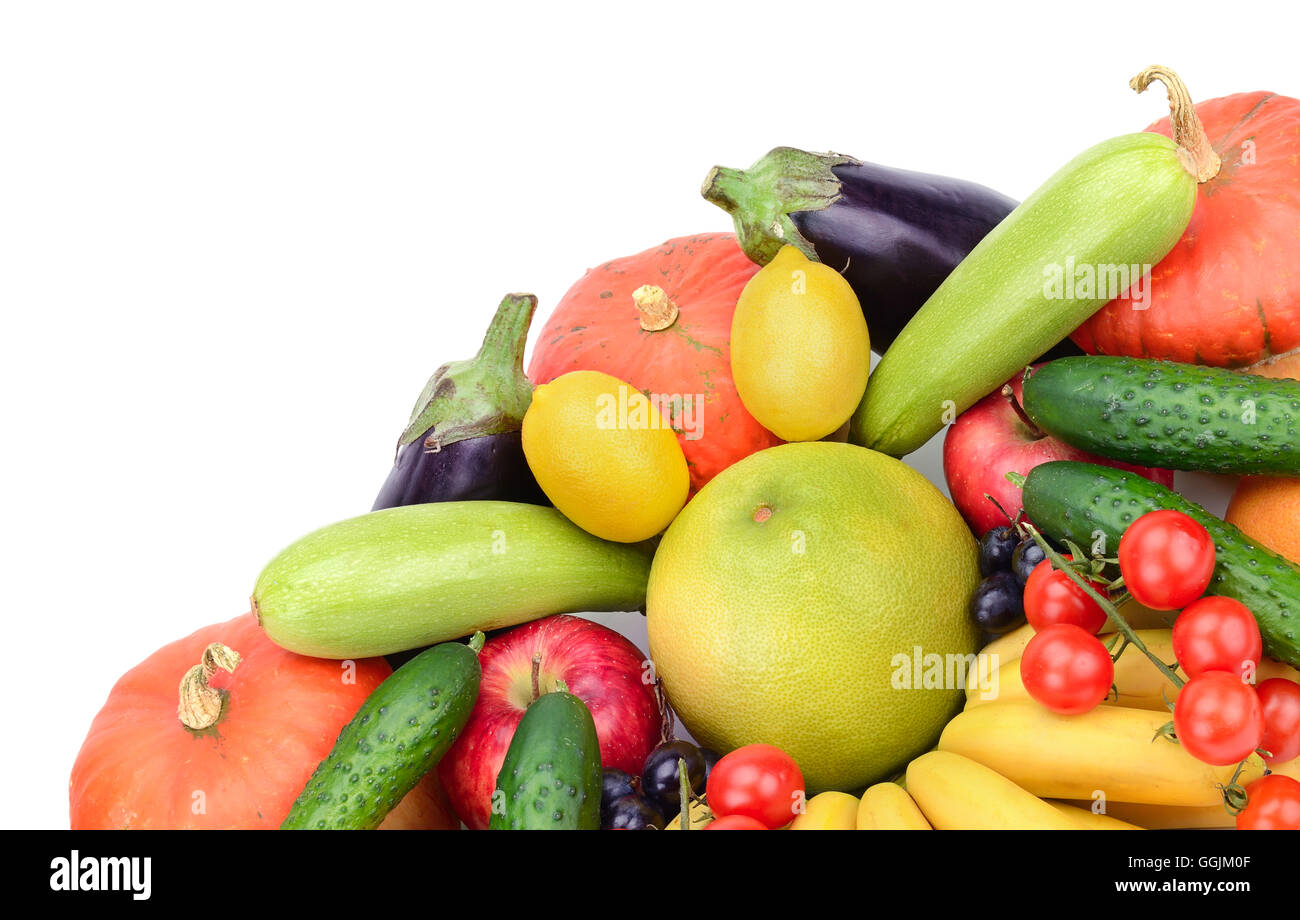 frisches Obst und Gemüse isoliert auf weißem Hintergrund Stockfoto