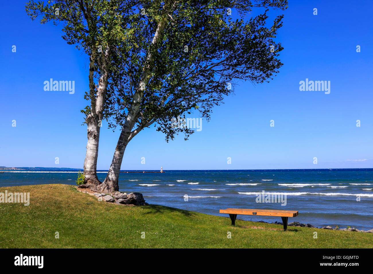 Das sehr blaue Wasser des Lake Michigan und die Little Traverse Bay unter einem klaren Sommerhimmel in Petoskey, Michigan, USA Stockfoto