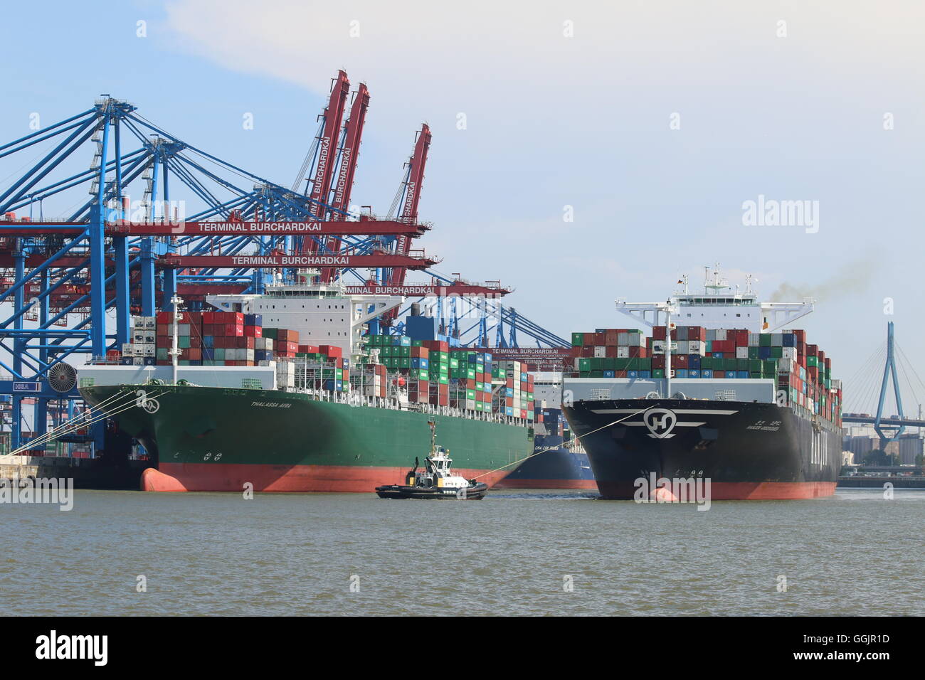 Containerschiffe laden am Burchardkai-Terminal, Hamburg, Deutschland Stockfoto