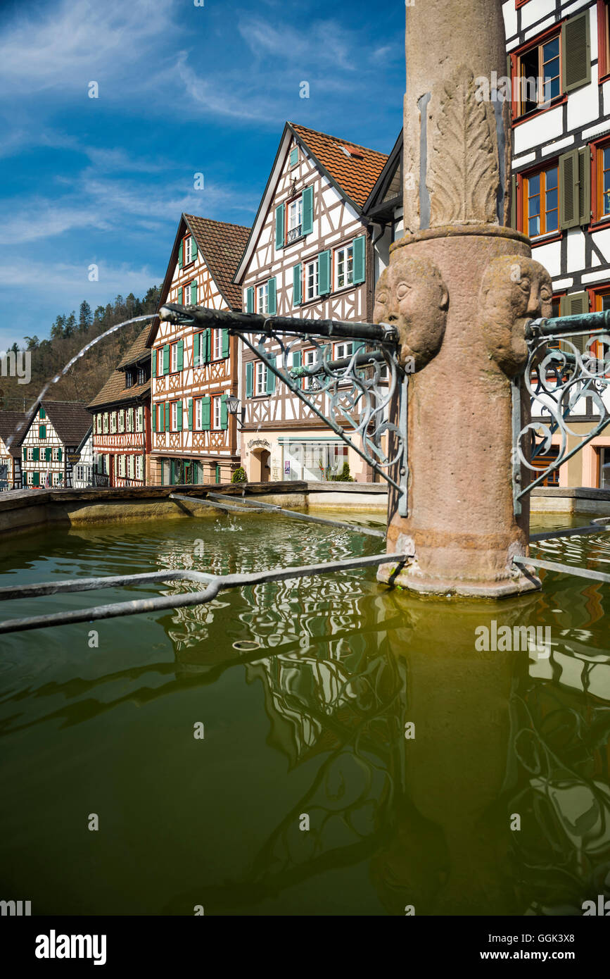 Fachwerkhäusern und Brunnen, Schiltach, Schwarzwald, Baden-Württemberg, Deutschland Stockfoto