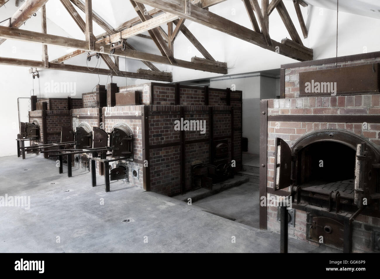 Berühmt-berüchtigten Krematorium, KZ Dachau, Dachau, München, Bayern, Deutschland Stockfoto