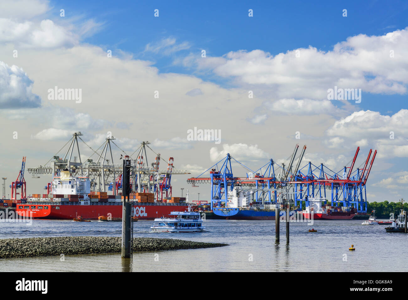 Containerschiffe am Containerterminal Waltershof an der Elbe, Waltershof, Hamburg, Deutschland Stockfoto