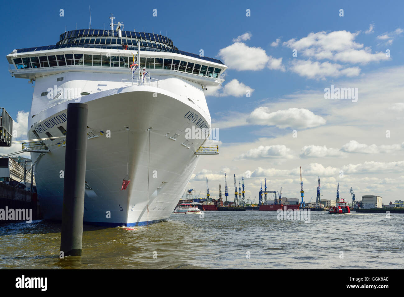 Schiff andocken an Dockland, Dockland, Fluss Elbe, Hamburg, Deutschland Stockfoto