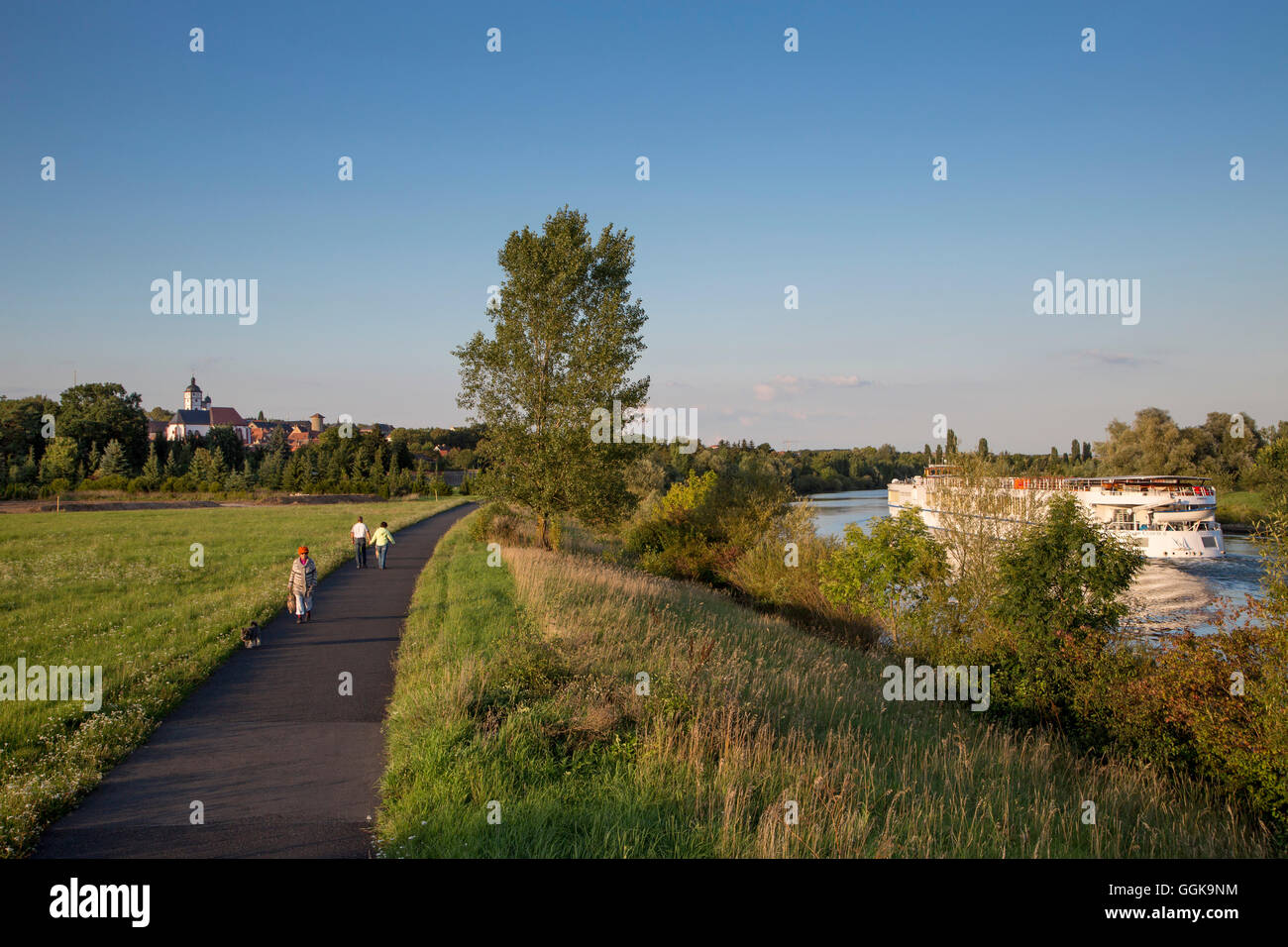 Menschen auf dem Weg entlang des Mains mit Flusskreuzfahrtschiff River