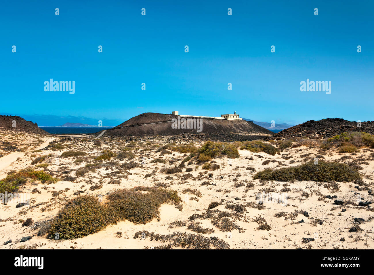 Leuchtturm Faro de Martino, Lobos Insel, Fuerteventura, Kanarische Inseln, Spanien Stockfoto