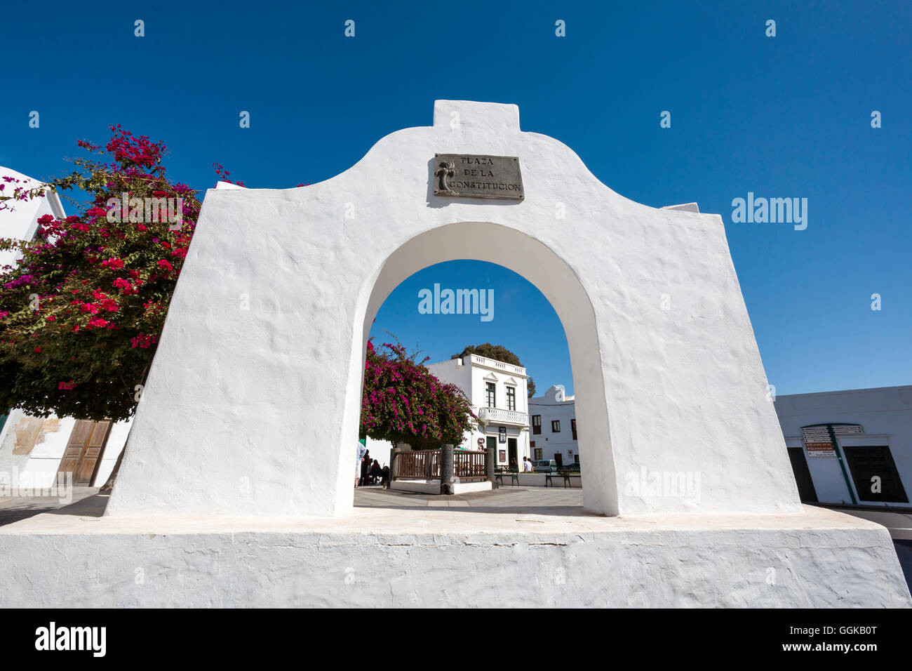 Plaza De La Constitución, Haria, Tal der 100 Palmen Bäume, Lanzarote, Kanarische Inseln, Spanien Stockfoto