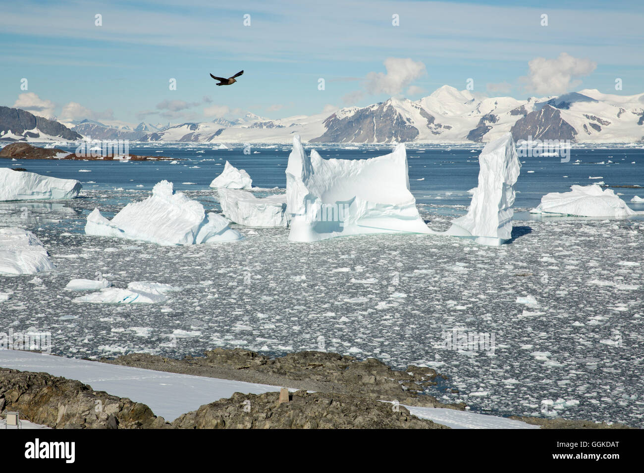 Blick vom Rothera-Station, um die umliegenden schneebedeckten Berge, Rothera-Station, Marguerite Bay, Antarktis Stockfoto