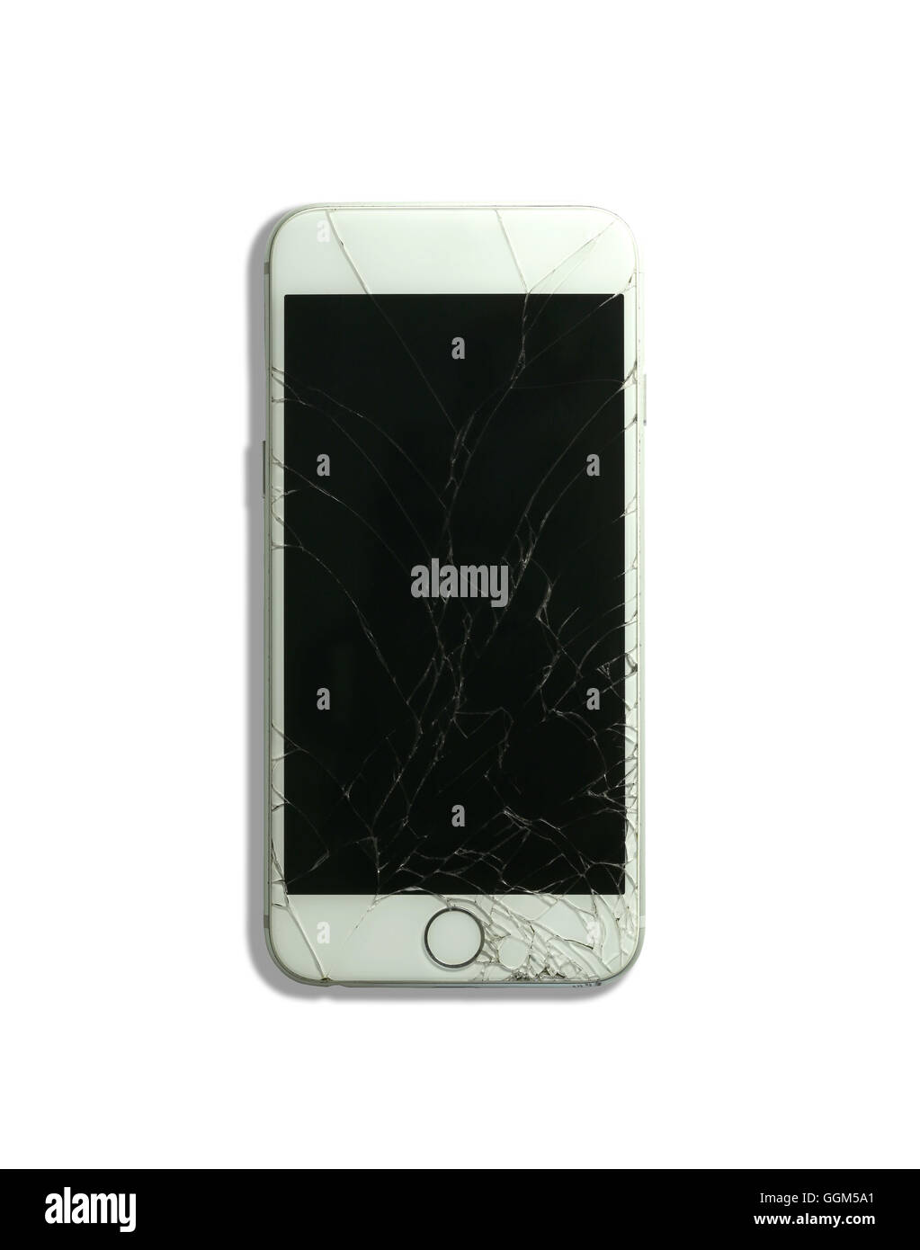 weiße Smartphone Bildschirm gebrochen und isolierten auf weißen Hintergrund mit Beschneidungspfade beschädigt haben. Stockfoto