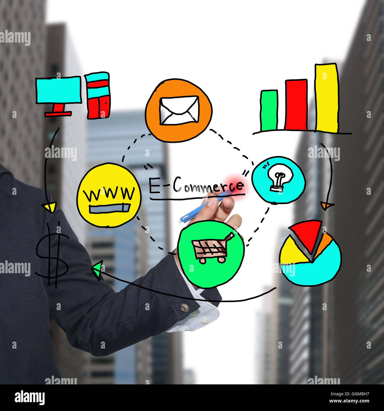 Hand der Geschäftsmann zeichnen von Grafiken über e-Commerce-Geschäft Konzept des Profites in Investitionen und haben Wolkenkratzer Hintergrund Stockfoto