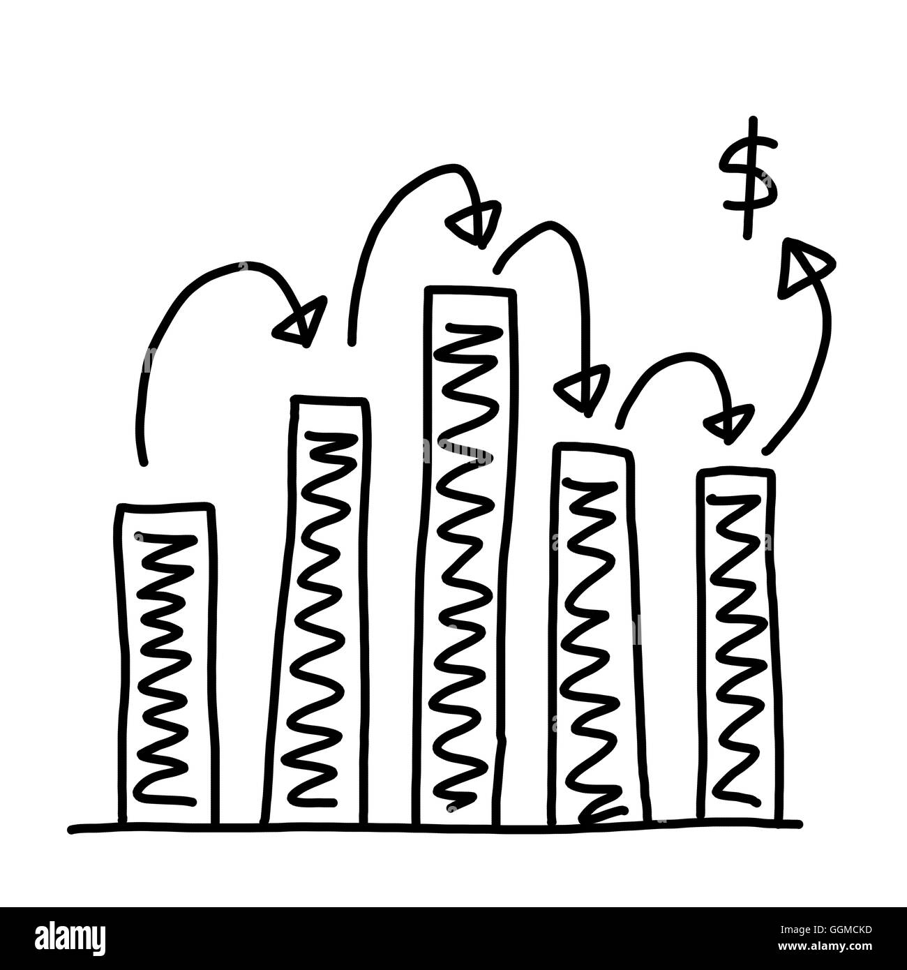 Handgezeichnete Grafiken Diagramm zum oberen Punkt wachsenden Daten zum Konzept des Gewinns im Unternehmen auf weißem Hintergrund. Stockfoto