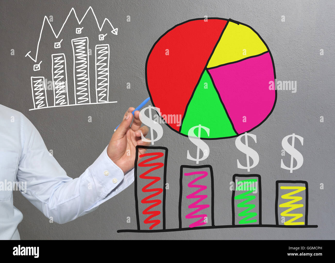 Hand der Geschäftsmann zeichnen von Grafiken ein Top wachsenden Graph Konzept der Investition Gewinn im Geschäft und haben graue Wand des Stockfoto