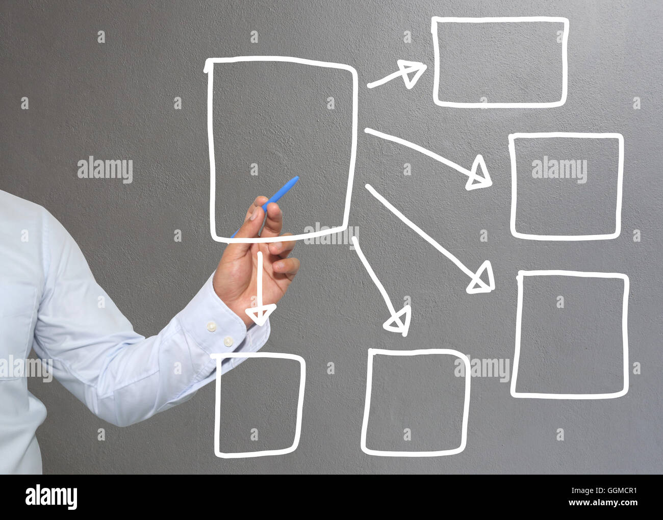 Hand der Geschäftsmann Zeichnung Grafiken eine geometrische Symbole Formen Graph Eingangsinformation Konzept der Investition Gewinn im busin Stockfoto