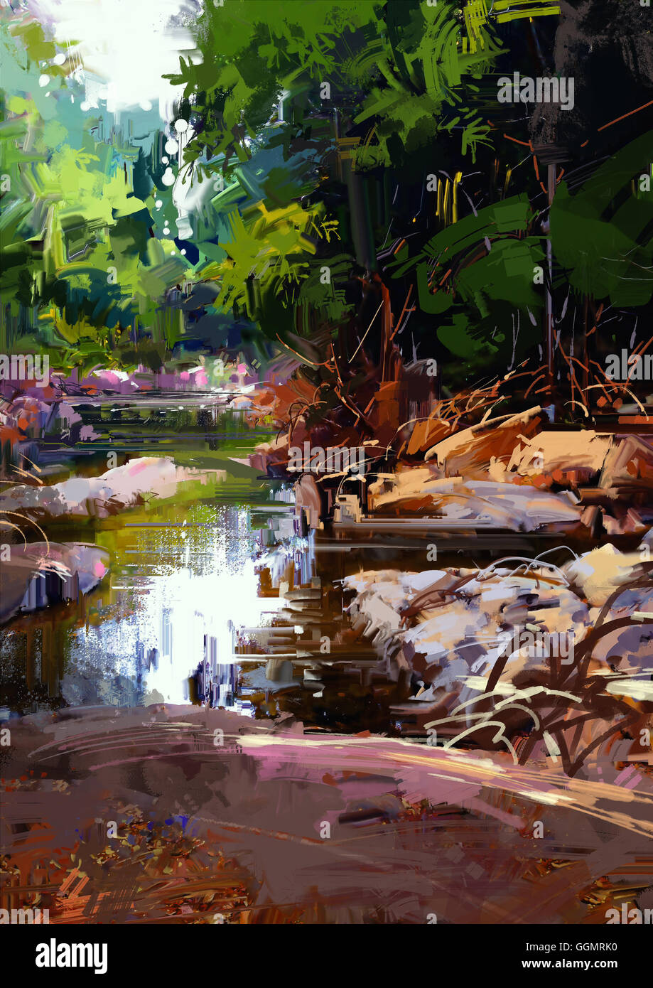 schöner Fluss unter großen Steinen im Sommer Wald, digitale Malerei Stockfoto