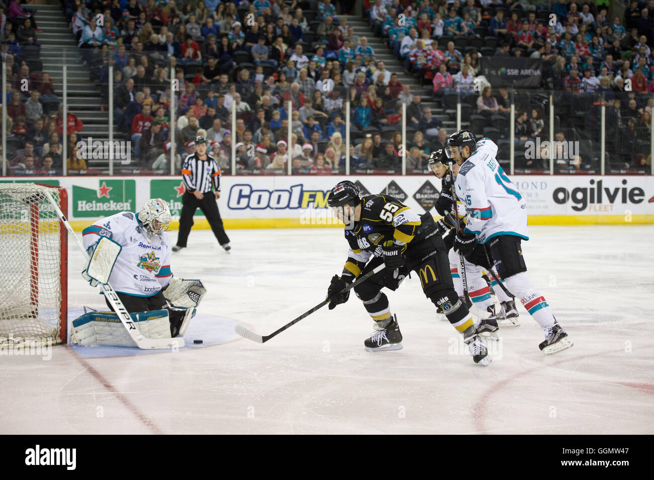 Cam Janssen schießt während der Nottingham Panthers V Belfast Giants Spiel auf das Tor. Stockfoto