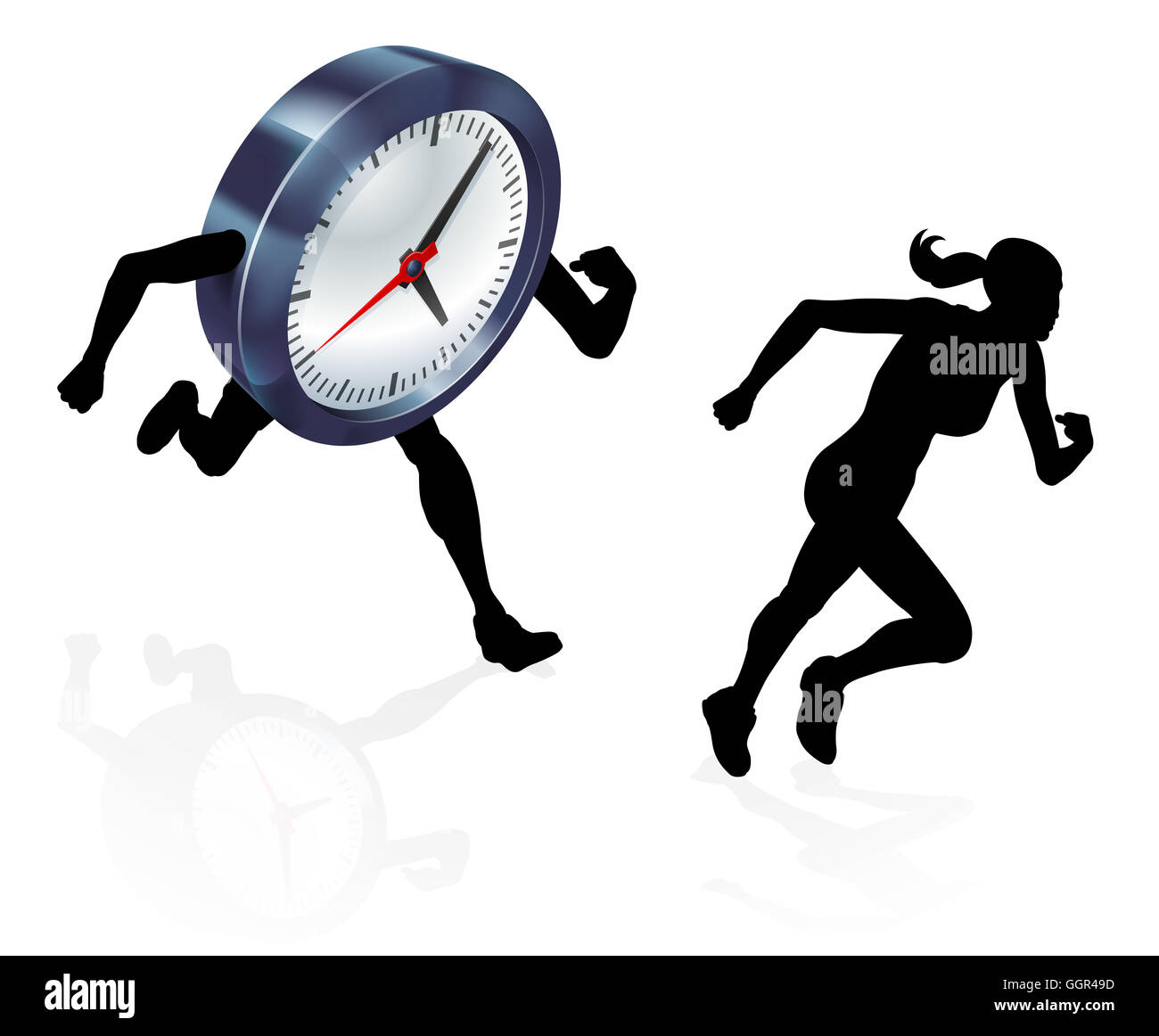 Silhouette der Frau von einer Uhr laufen oder Rennen Konzept für Zeitdruck oder arbeiten, Life-Balance, Stress oder racing de Stockfoto