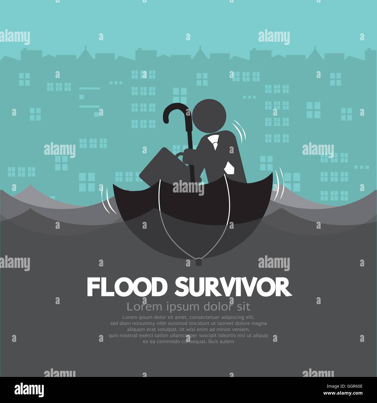 Geschäftsmann sitzen In der Seite von oben nach unten offenen Regenschirm Flut-Survivor-Vektor-Illustration Stock Vektor