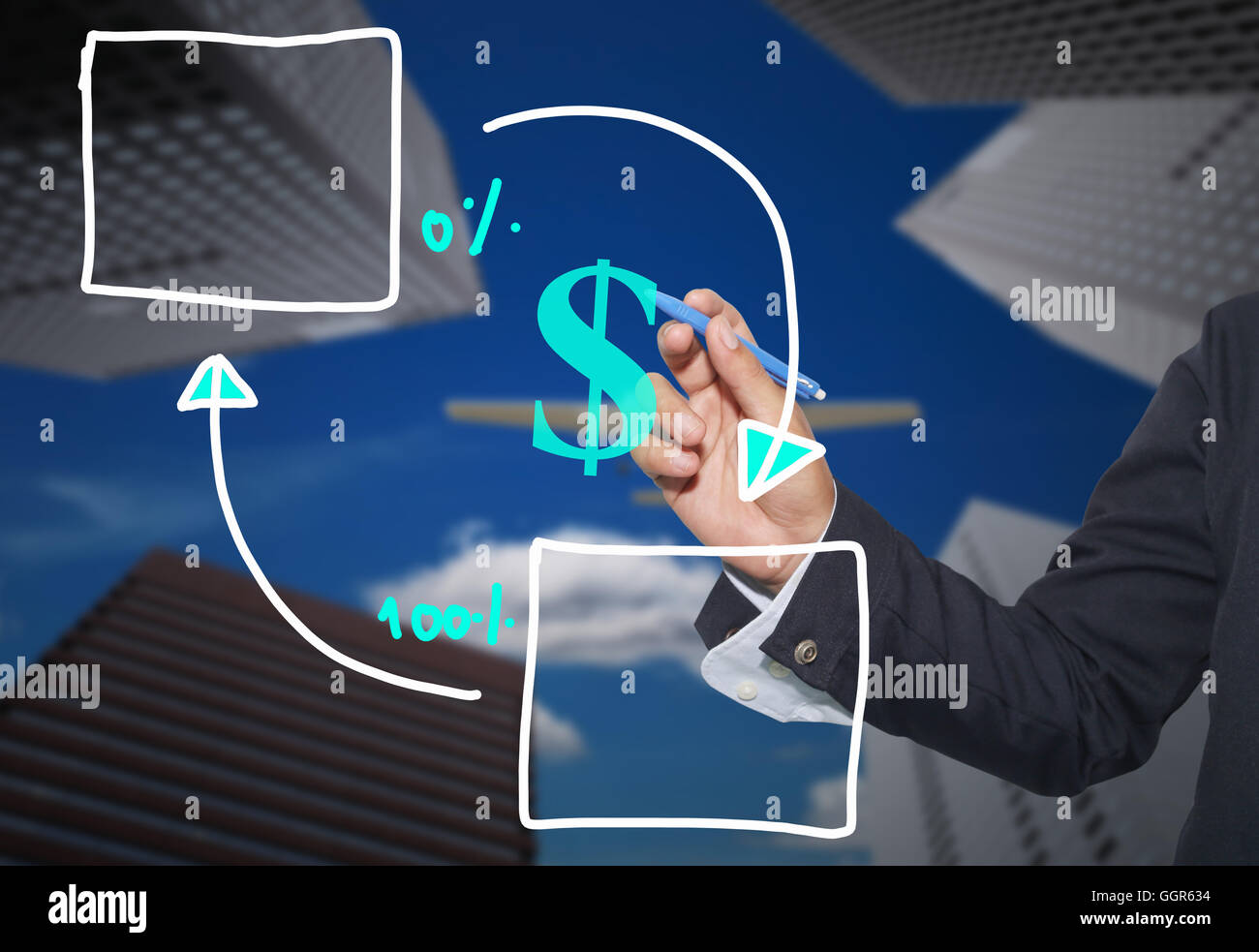 Hand der Geschäftsmann Zeichnung Grafiken eine geometrische Symbole Formen Graph Eingangsinformation Konzept der Investition Gewinn im busin Stockfoto