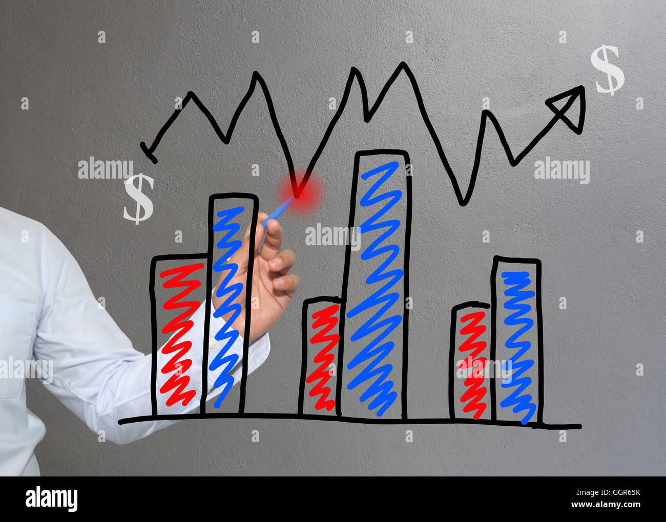 Hand der Geschäftsmann zeichnen von Grafiken ein Top wachsenden Graph Konzept der Investition Gewinn im Geschäft und haben graue Wand des Stockfoto