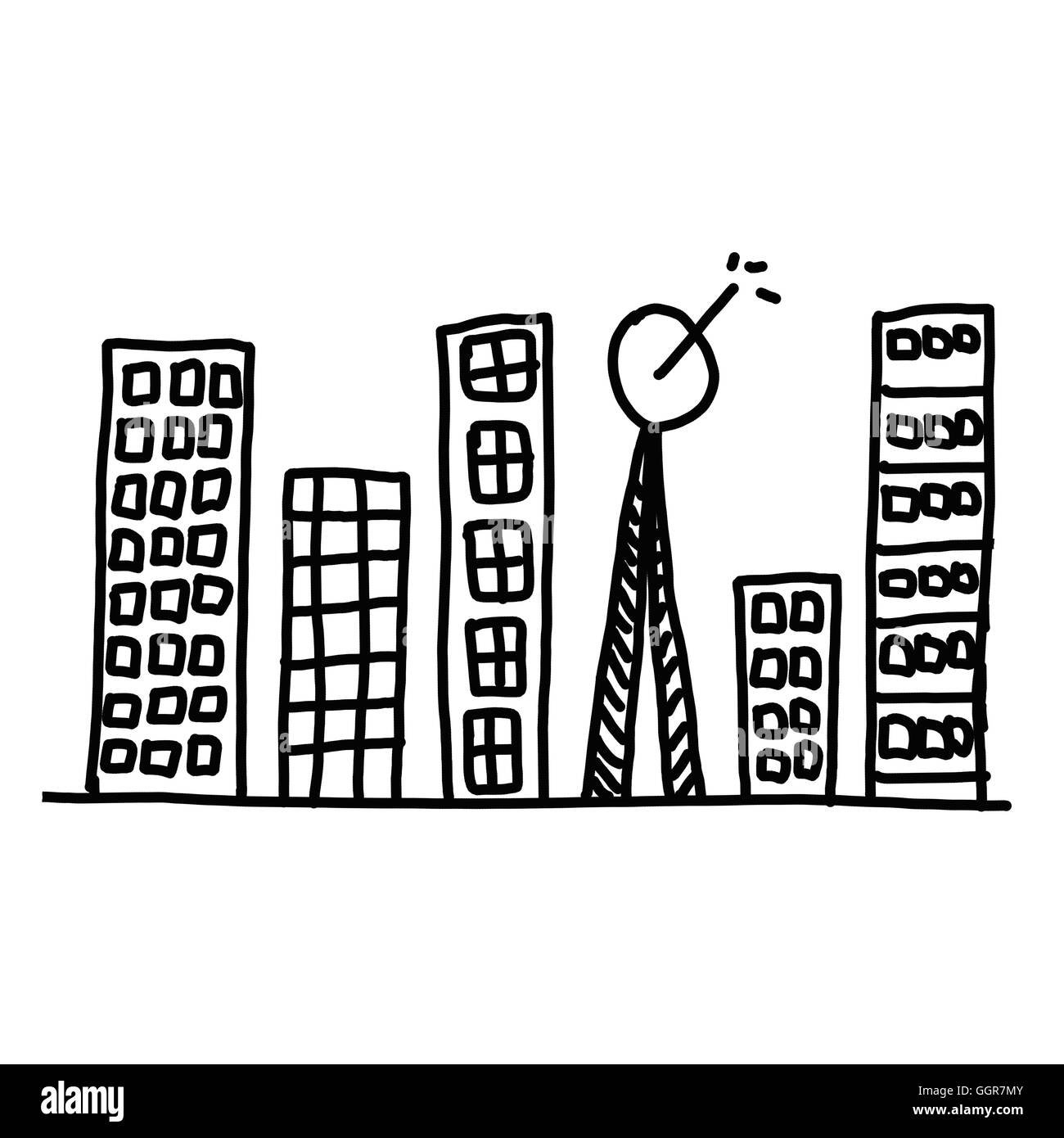 Stadt in der hand gezeichnet Designidee, Format der Strichgrafik Muster auf weißem Hintergrund. Stockfoto