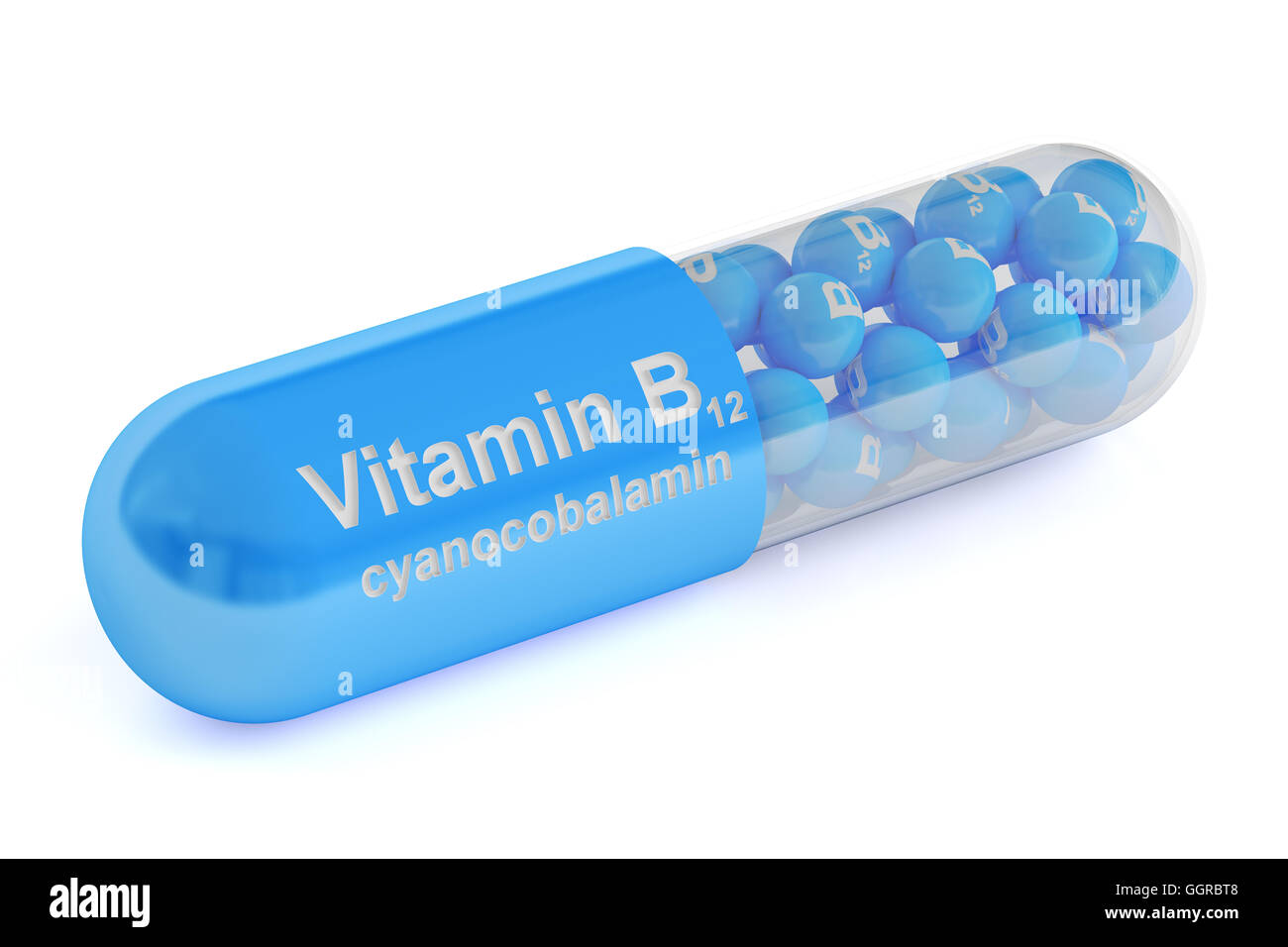Kapsel Vitamin B12, 3D-Rendering isolierten auf weißen Hintergrund Stockfoto
