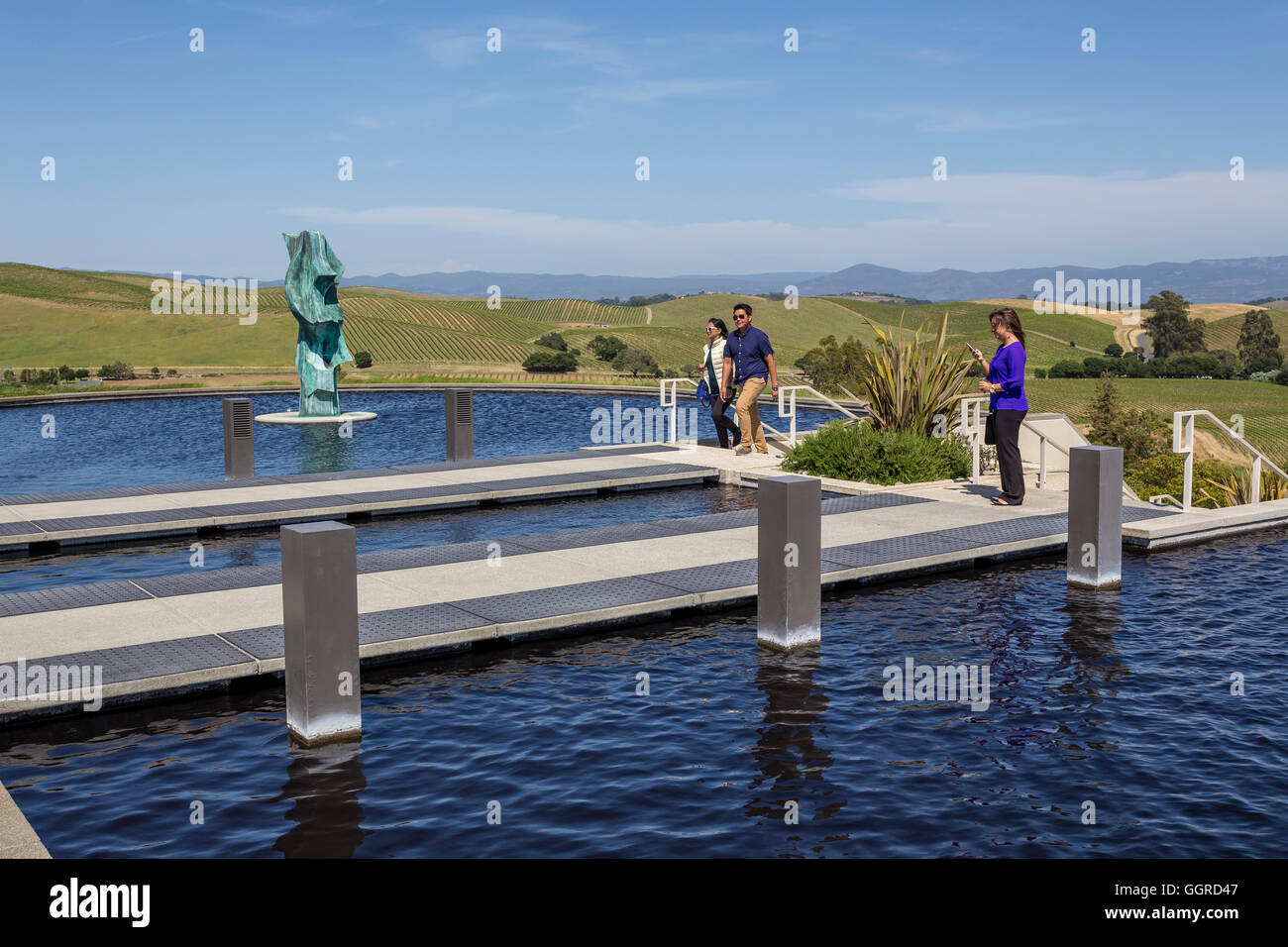 Reflecting Pool, Statue von Gordon Huether, Artesa Weinberge und Weinkeller, Carneros region, Napa Valley, Kalifornien, USA Stockfoto