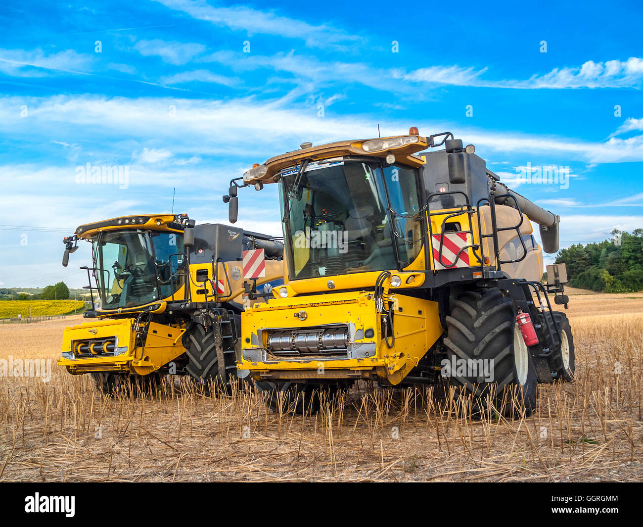 Zwei "New Holland" kombinieren Harvestesr - Sud-Touraine, Frankreich. Stockfoto