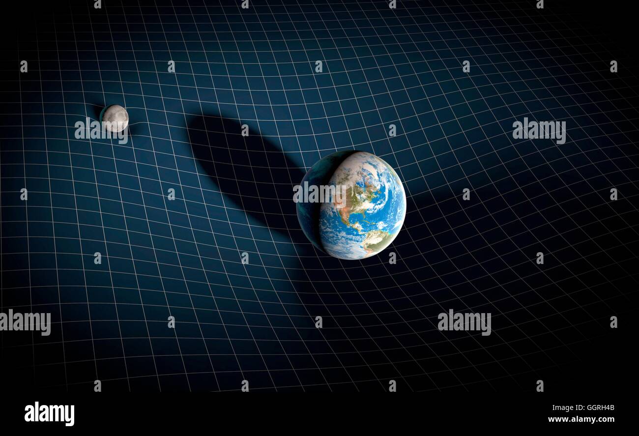 Erde und Mond und Raumzeit. Illustration von Gravitationsfeldern der Erde und des Mondes verzerren das Gewebe von Raum und Zeit. Albert Einstein konzipiert der Raumzeit in seiner speziellen Relativitätstheorie. Er zeigte, dass Raum und Zeit nicht invariant sind Stockfoto
