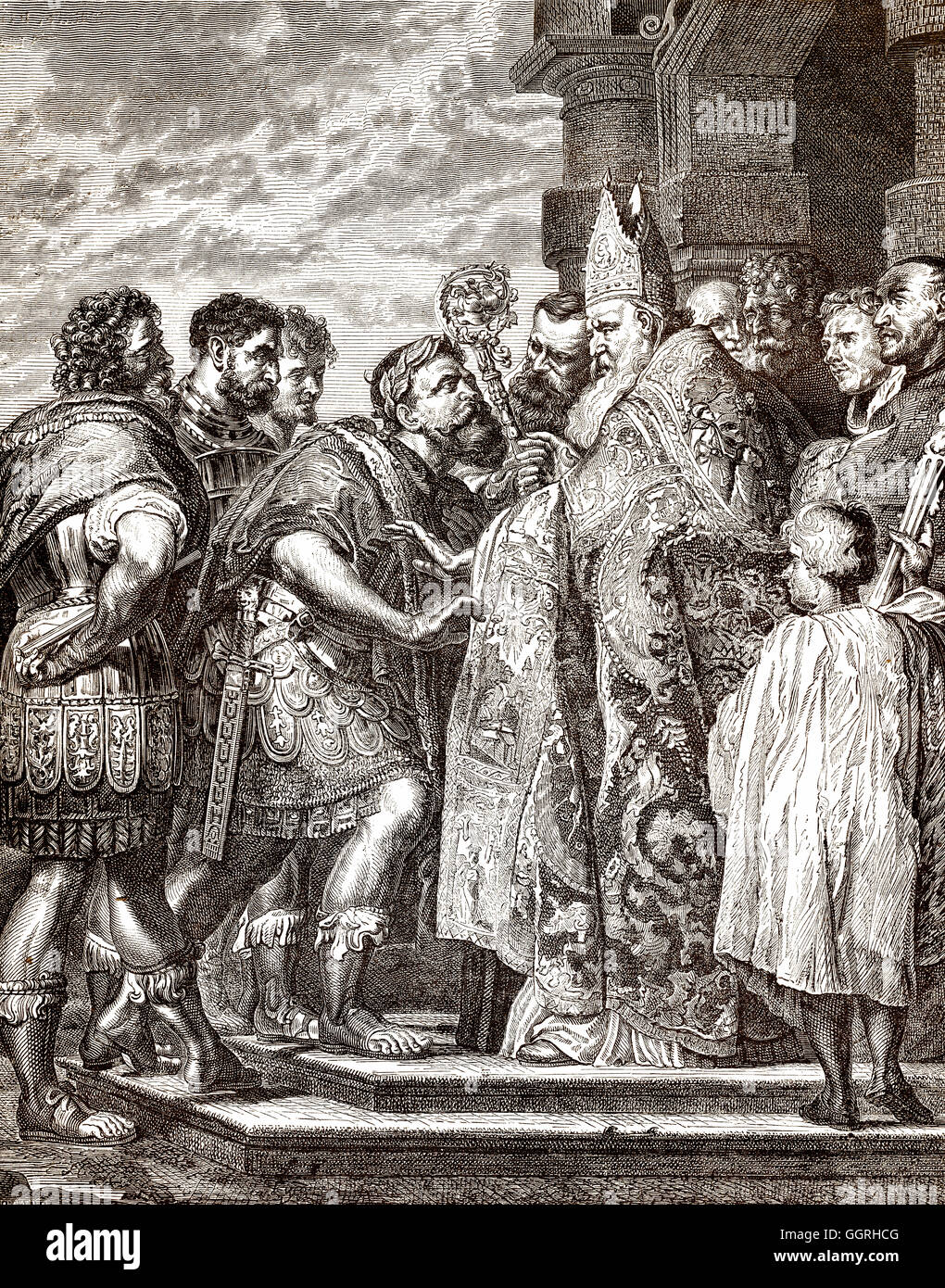 AURELIUS Ambrosius oder Ambrosius, Bischof von Mailand, abgesehen von Kaiser Theodosius ich.  vom Mailänder Dom Stockfoto