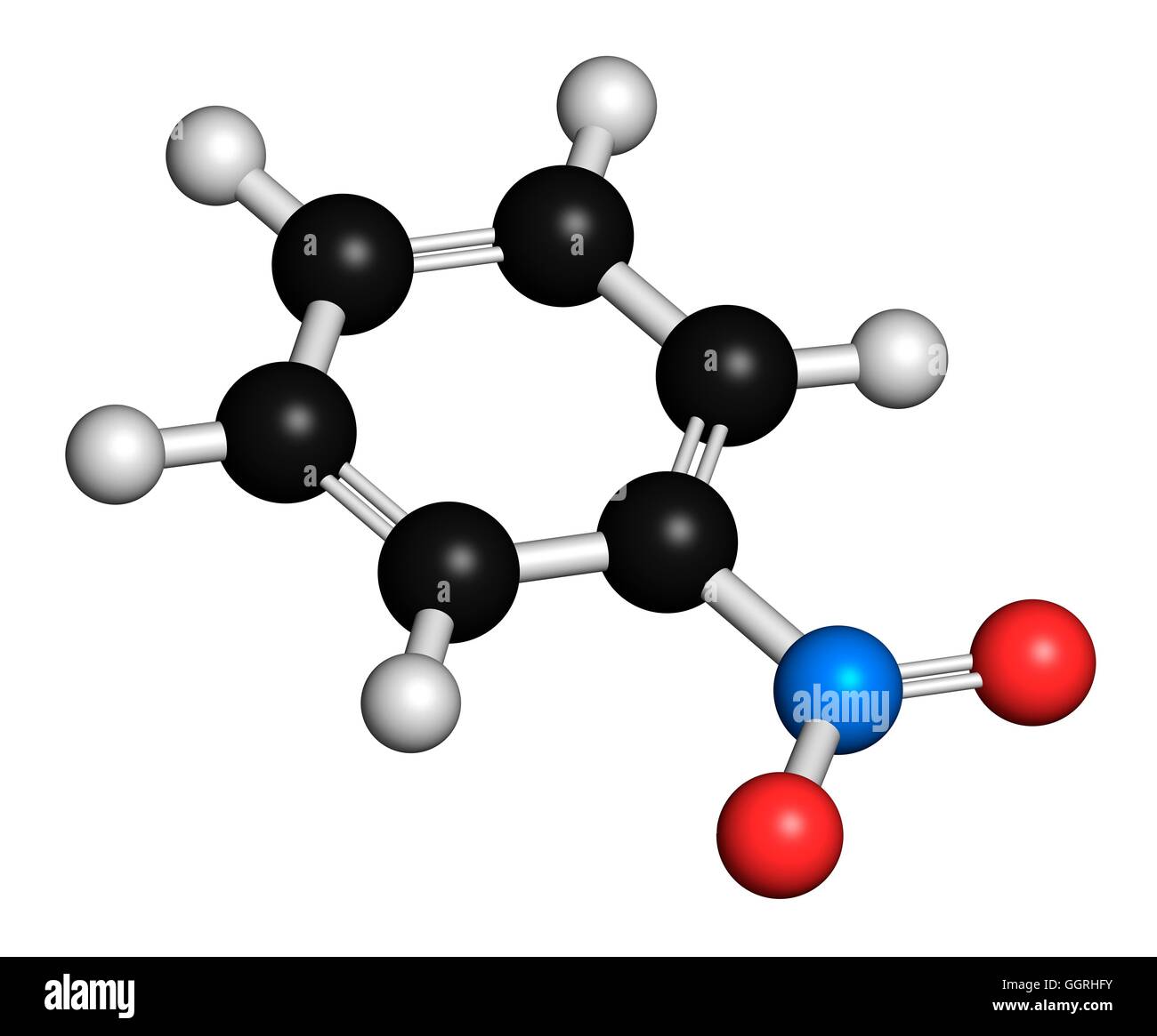 Nitrobenzene Lösungsmittel, molekulare Modell. Atome werden als Kugeln mit konventionellen Farbkodierung dargestellt: Wasserstoff (weiß), Kohlenstoff (schwarz), Sauerstoff (rot), Stickstoff (blau). Abbildung. Stockfoto