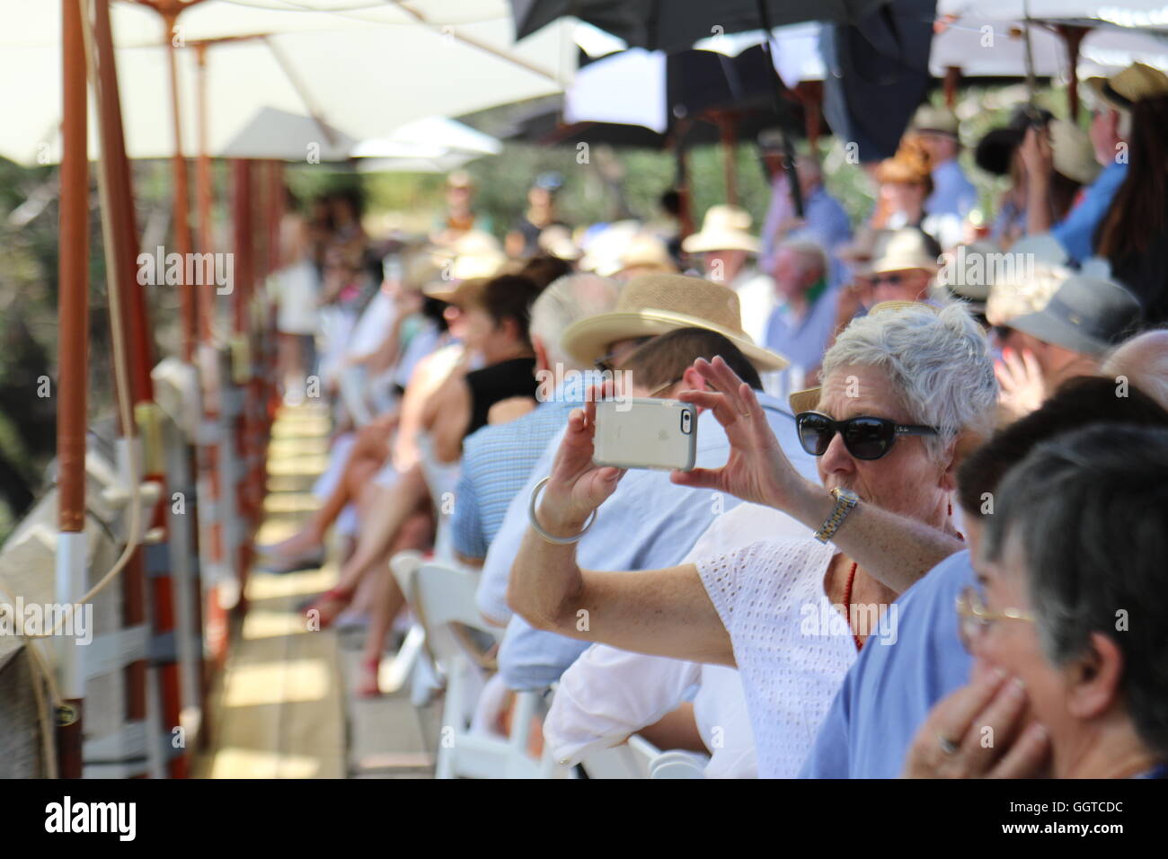 Eine Frau, die Bilder auf ihrem Smartphone bei einem Bankett Sommer bei Tahbilk Wines, Nagambie Seen, Australien Stockfoto