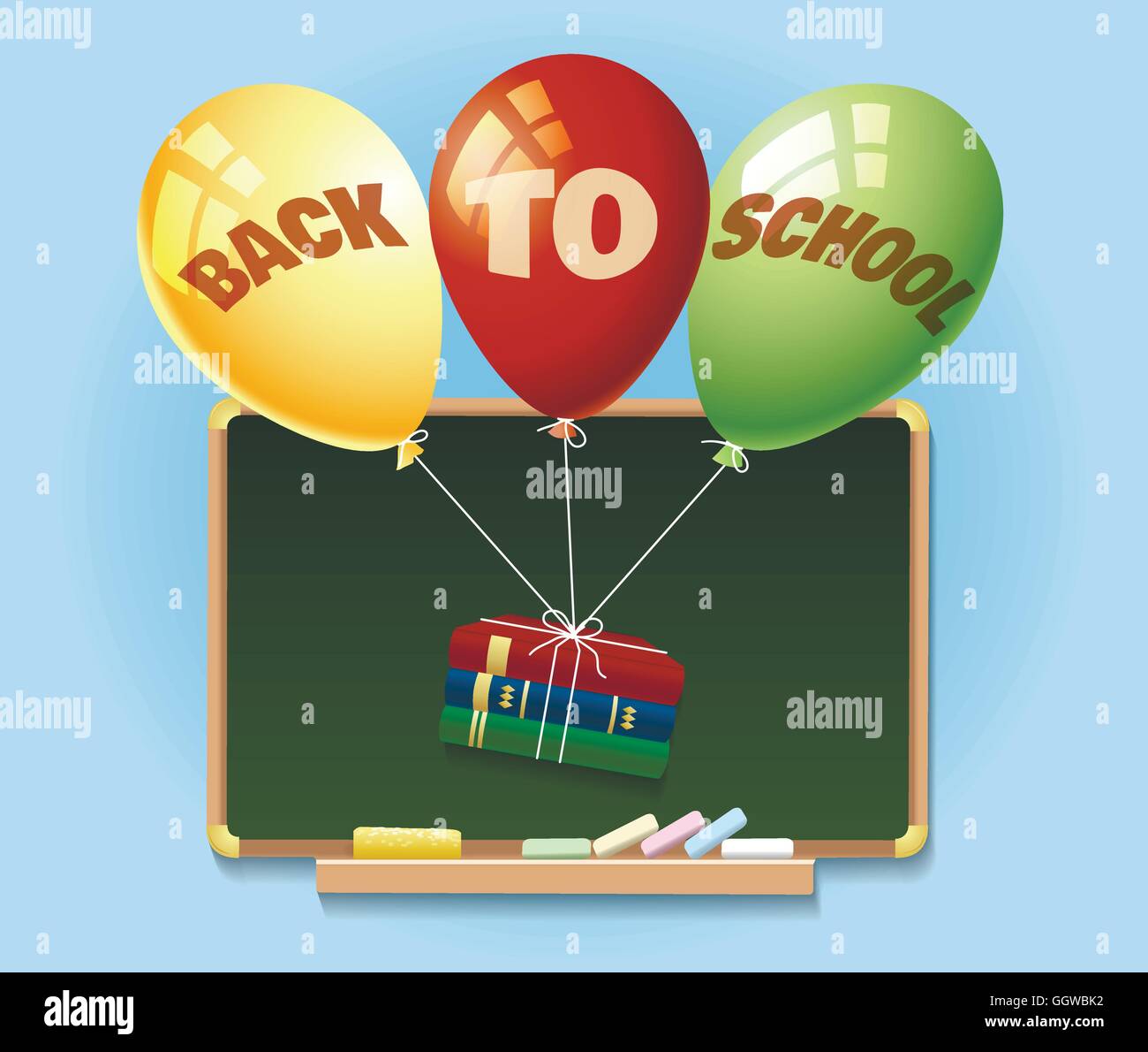 Zurück zu Schule Abbildung mit Tafel und Luftballons mit Büchern. Stock Vektor