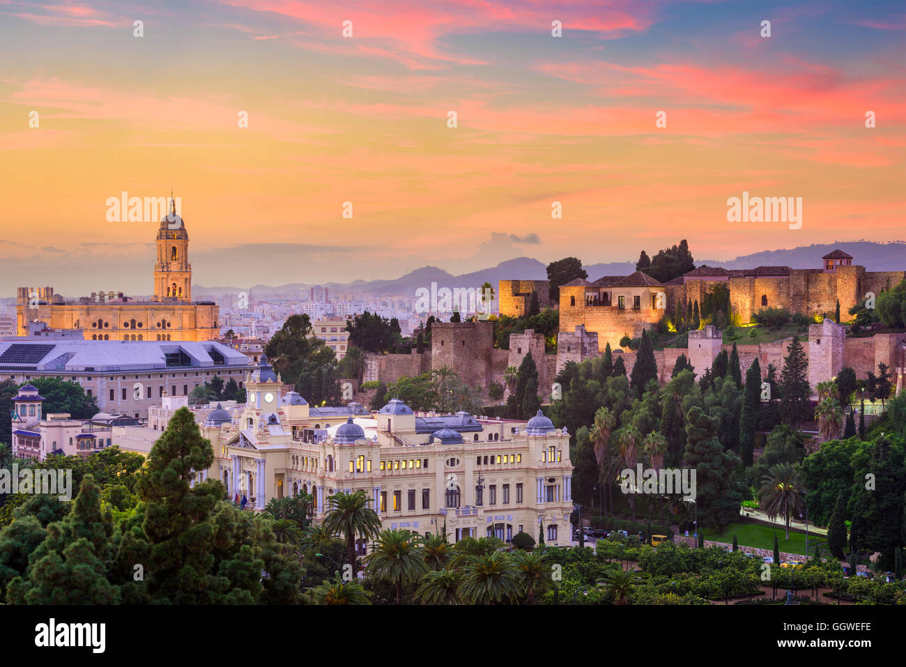Malaga, Spanien alt Stadt Skyline. Stockfoto