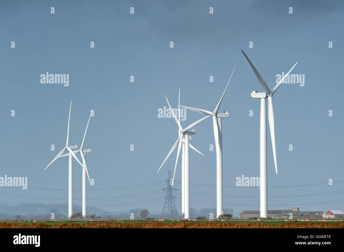 Strommasten und Windkraftanlagen in Kent. Stockfoto