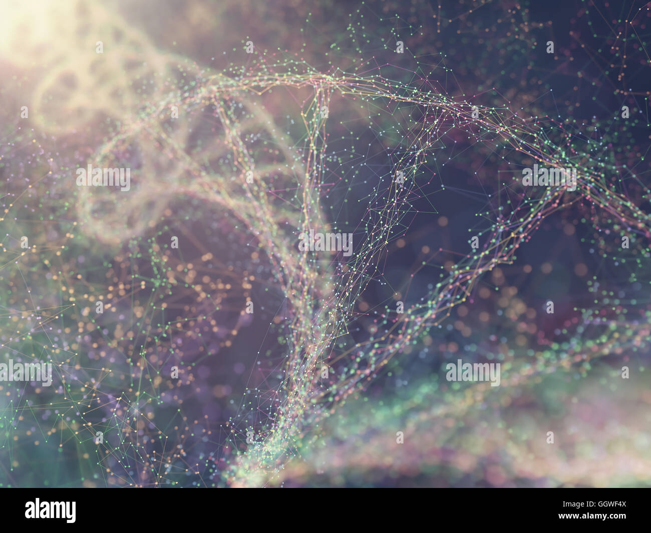 DNA-Helix, die durch Knoten und Verbindungen verbunden gefärbt. Stockfoto