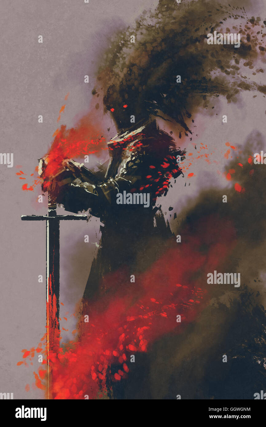 dunkle Krieger in Rüstung mit Schwert, Illustration, digitale Malerei Stockfoto