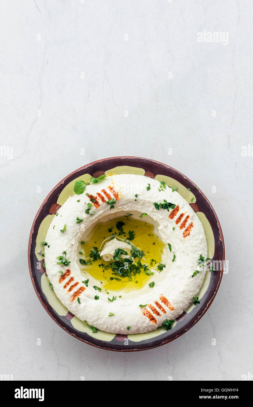 Nahen Ostens Hummus Hummus Kichererbsen dip Meze Mezze Starterset Snack Essen Stockfoto