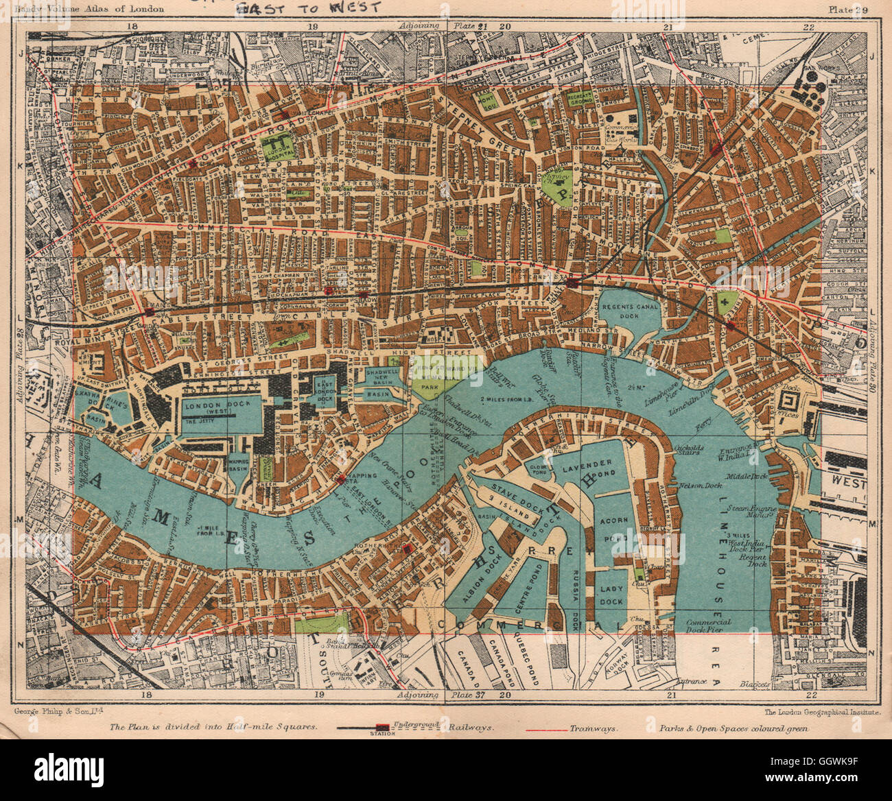 E LONDON Stepney Rotherhithe Surrey Docks Wapping Shadwell Whitechapel, 1932 Karte Stockfoto