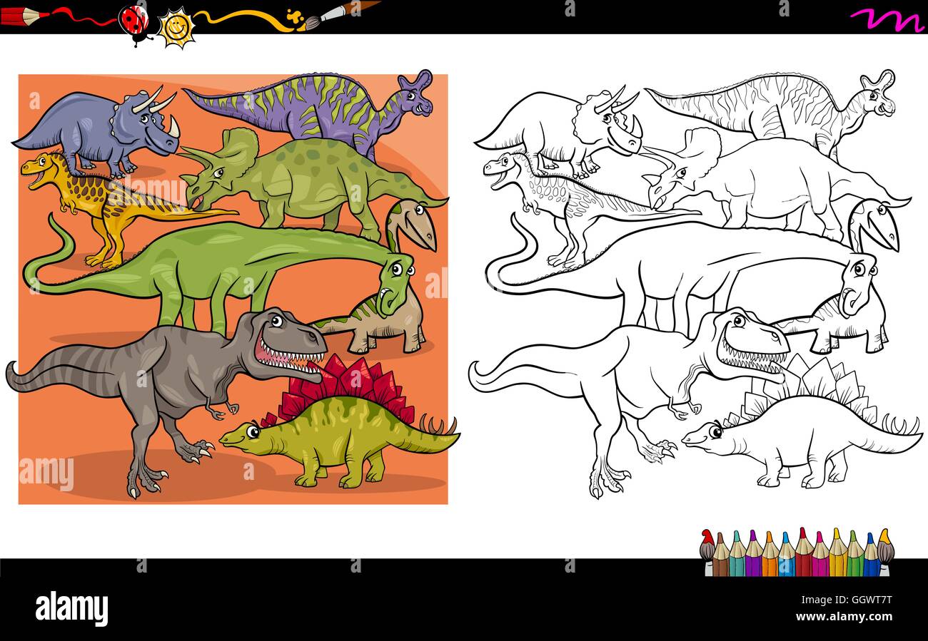Cartoon Illustration der Dinosaurier Zeichen Coloring Book-Aktivität Stock Vektor