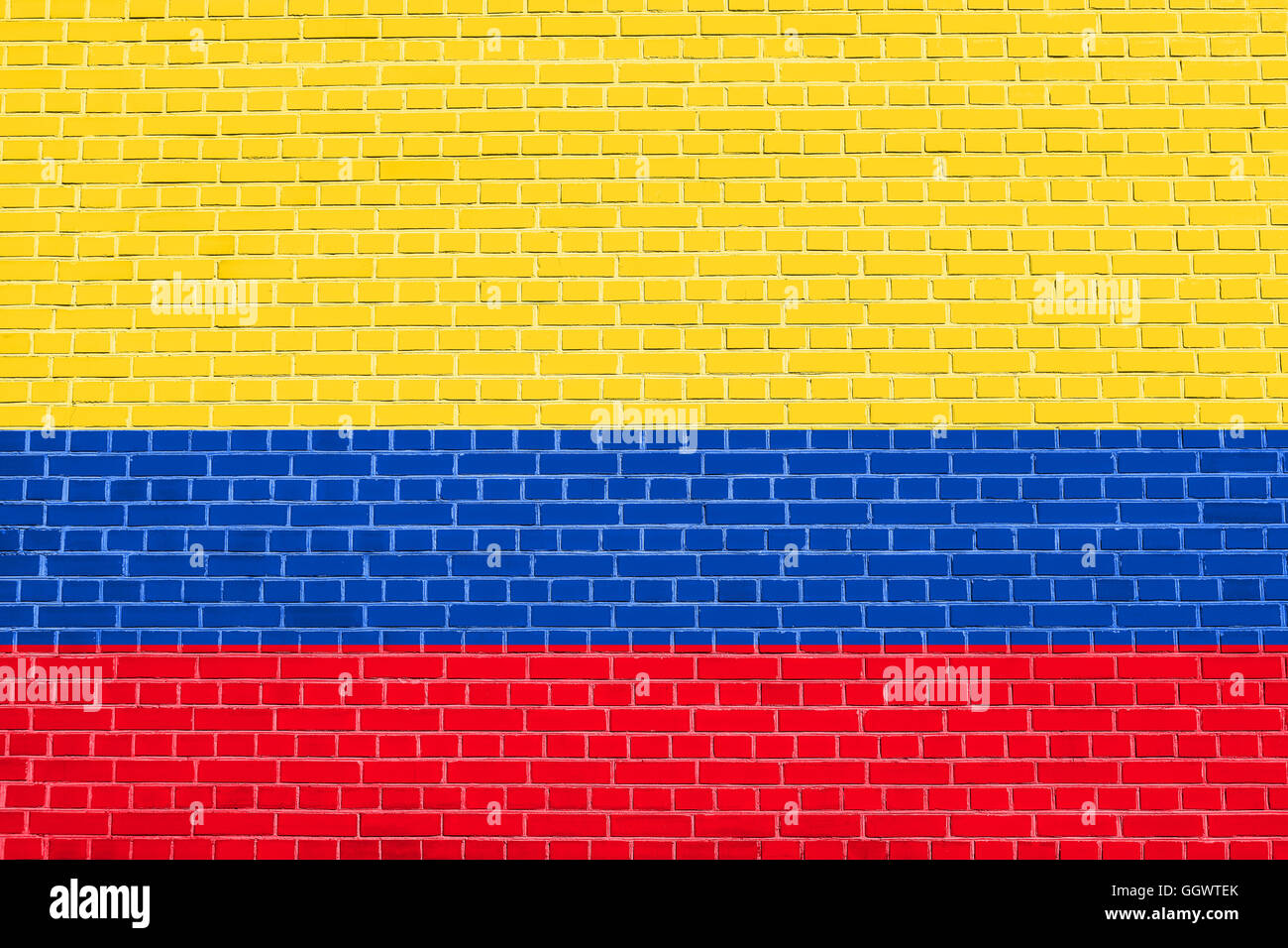Flagge von Kolumbien auf Ziegel Wand Textur Hintergrund. Kolumbianische Nationalflagge. Stockfoto