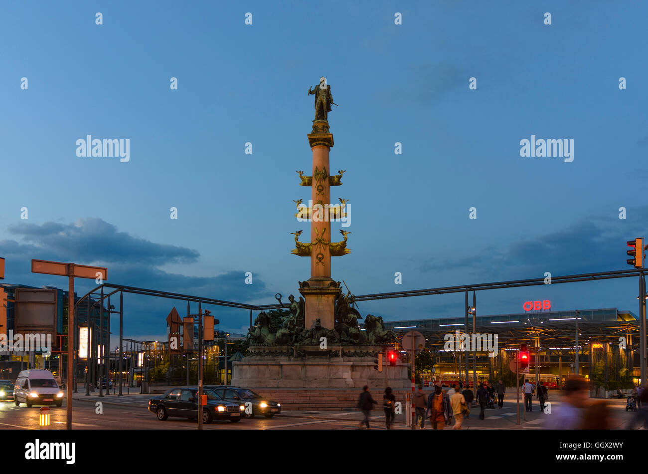 Wien, Wien: Praterstern mit Admiral Wilhelm von Tegetthoff-Denkmal und Praterstern station, Österreich, Wien, 02. Stockfoto