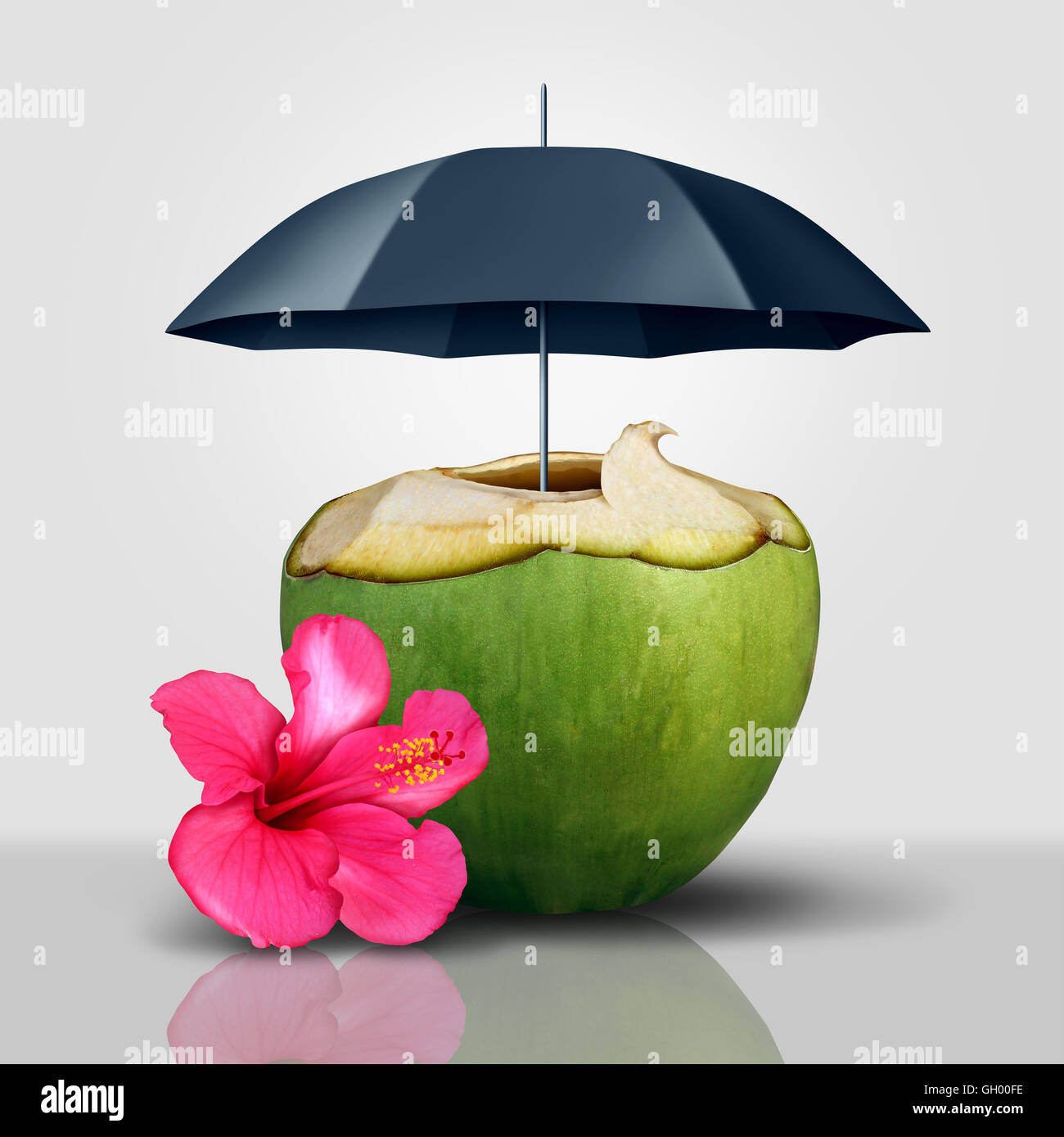 Urlaub-Sicherheit-Symbol als eine Kokosnuss tropischen Drink geschützt und abgedeckt mit einem Regenschirm als ein Reise- und Tourismusbranche Garantie Sicherheitskonzept mit 3D Abbildung Elemente. Stockfoto