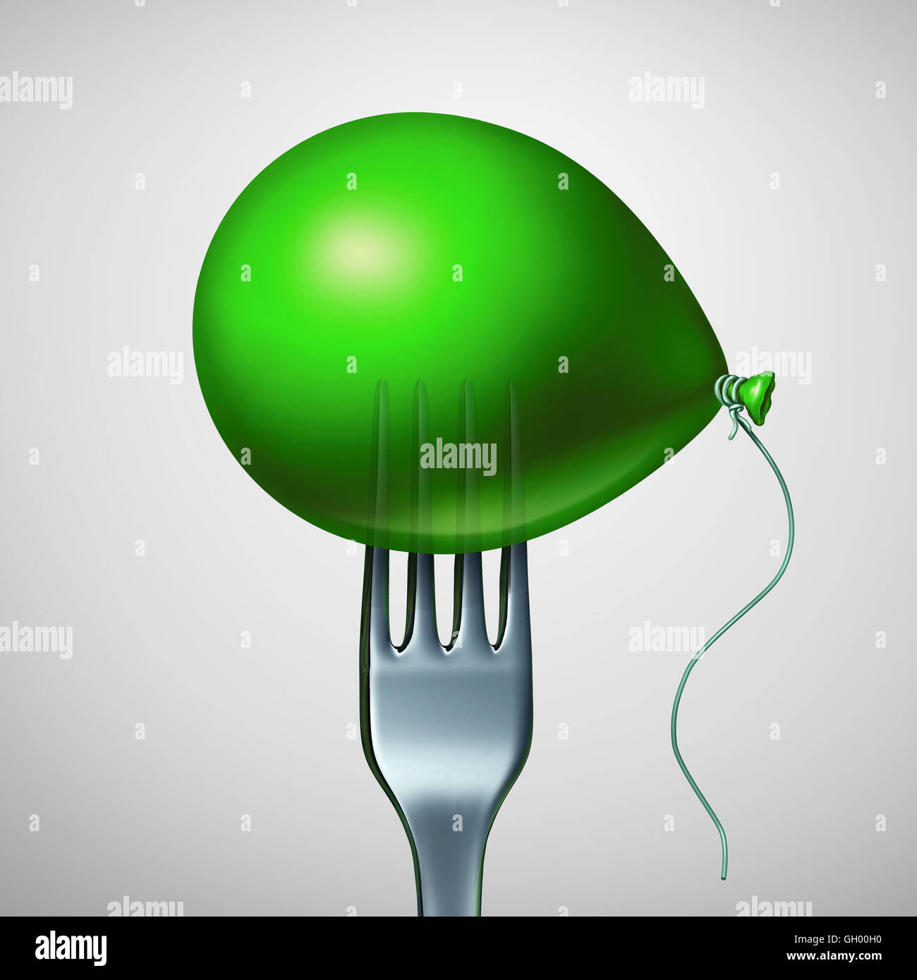 Leicht Essen und gesundes Leben Ernährung Lebensstil als eine Gabel im Inneren eine grüne Ballons als kalorienarme Ernährung und Gewicht-Verlust-Metapher und Gesundheit Diät Symbol als eine 3D Darstellung. Stockfoto
